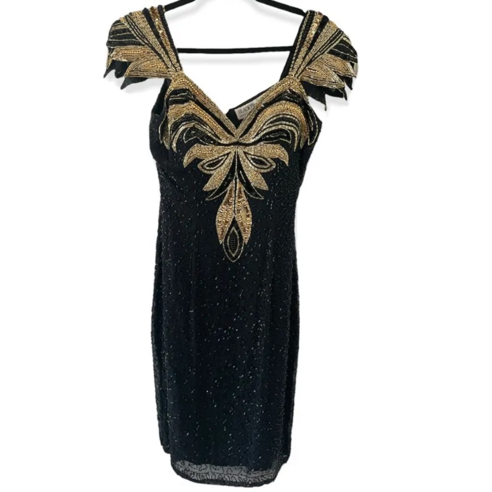BLACK TIE black & gold beaded formal gown vintage womens dress zipper back NWT 8 - Picture 15 of 17